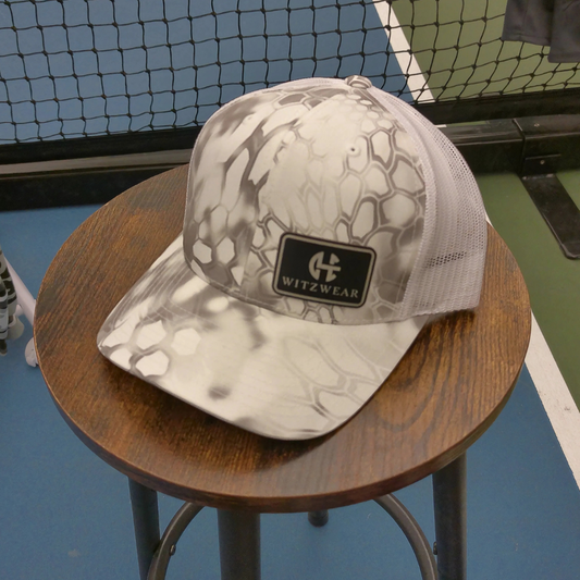 WITZWEAR RETRO TRUCKER CAP WITH SQUARE LEATHER WW PATCH-WHITE CAMO